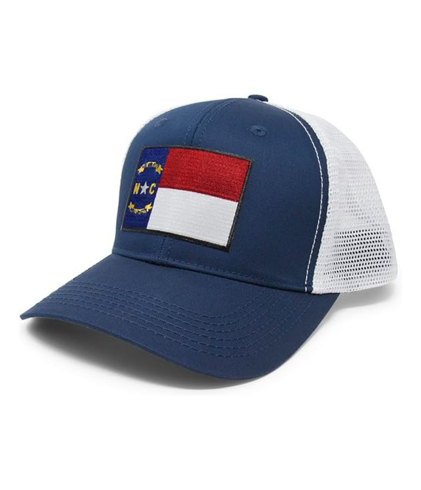 International Tie State Hat for Men and Women, Adjustable Snapback Trucker Baseball Cap with Embroidered Patch (North Carolina, Navy White)