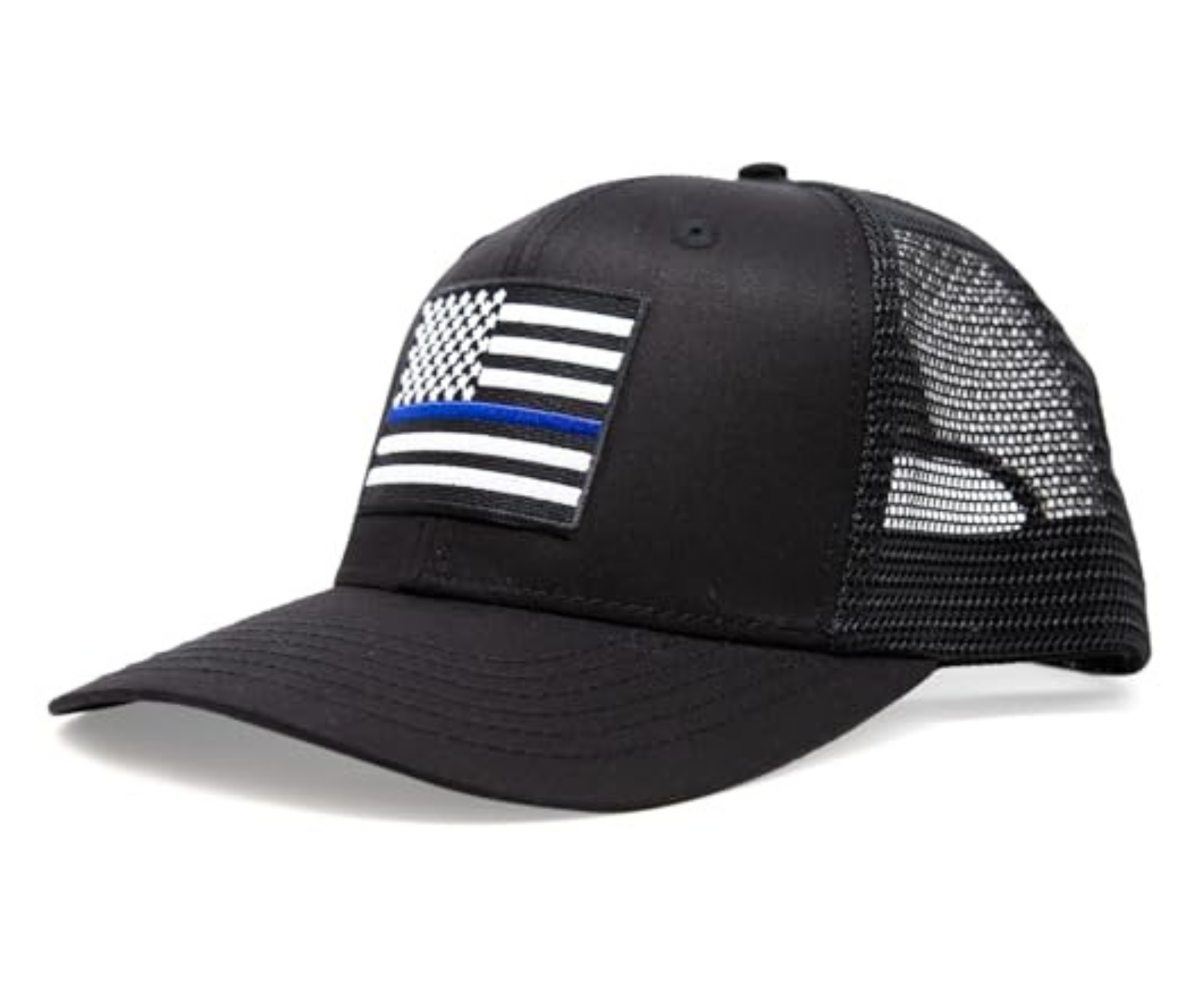 Thin Blue Line Flag Trucker Baseball Snapback Hat (All Black) - International Tie - International Tie