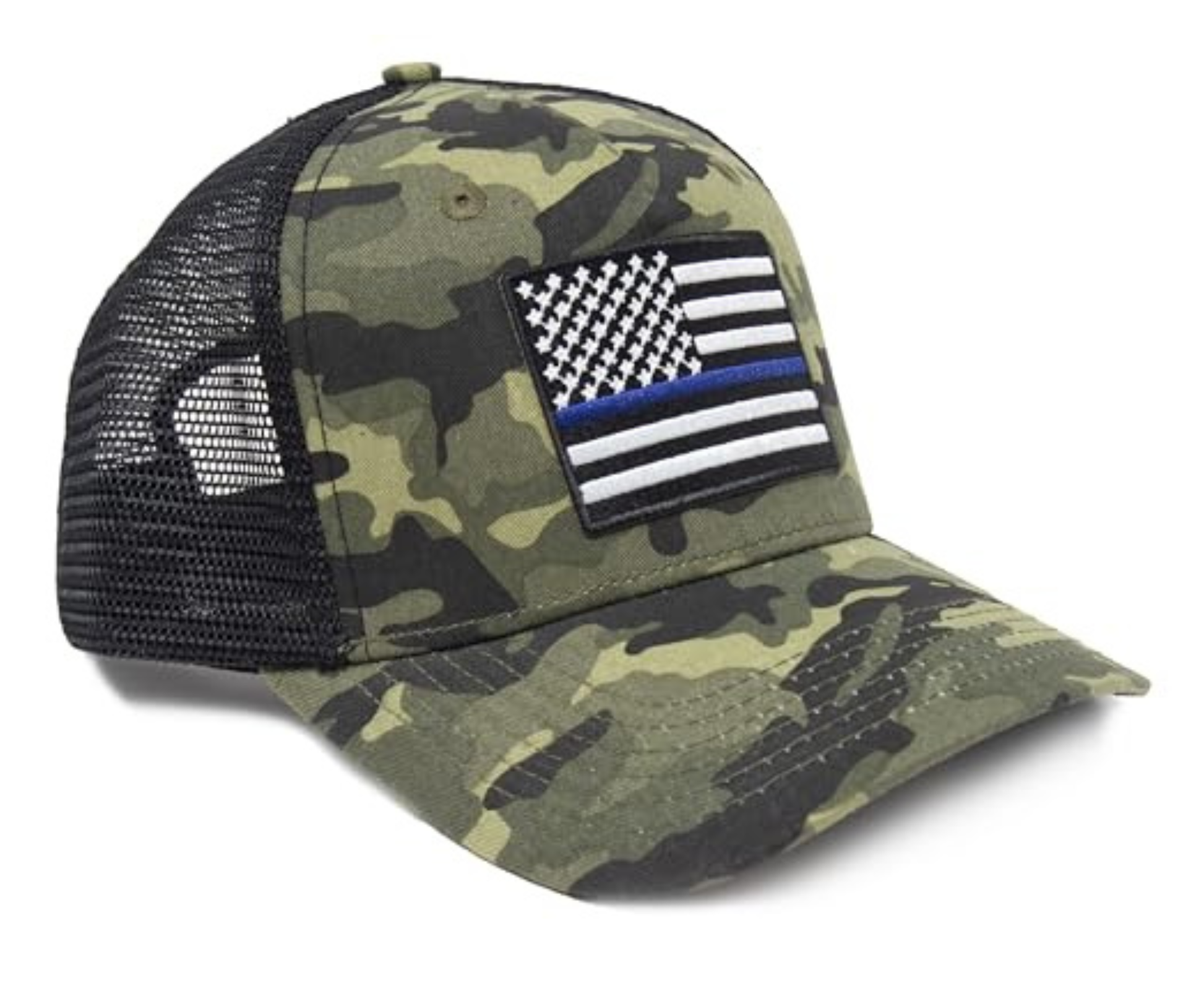 Thin Blue Line Flag Trucker Baseball Snapback Hat (Camouflage) - International Tie - International Tie