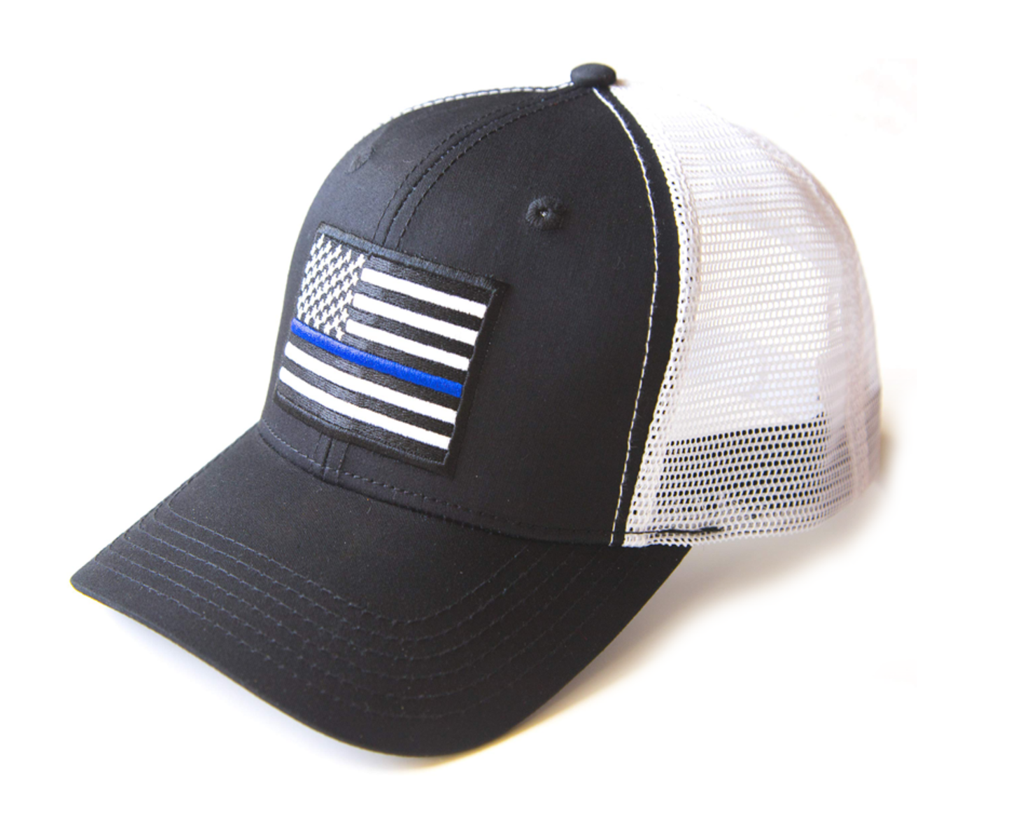 American Thin Blue Line Police Flag Trucker Baseball Snapback Hat (Black White) - International Tie