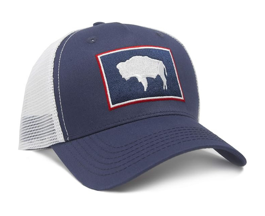 International Tie State Hat for Men and Women, Adjustable Snapback Trucker Baseball Cap with Embroidered Patch (Wyoming, Navy White)
