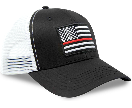 Thin Red Line Firefighter American Flag Snapback Trucker | Black White
