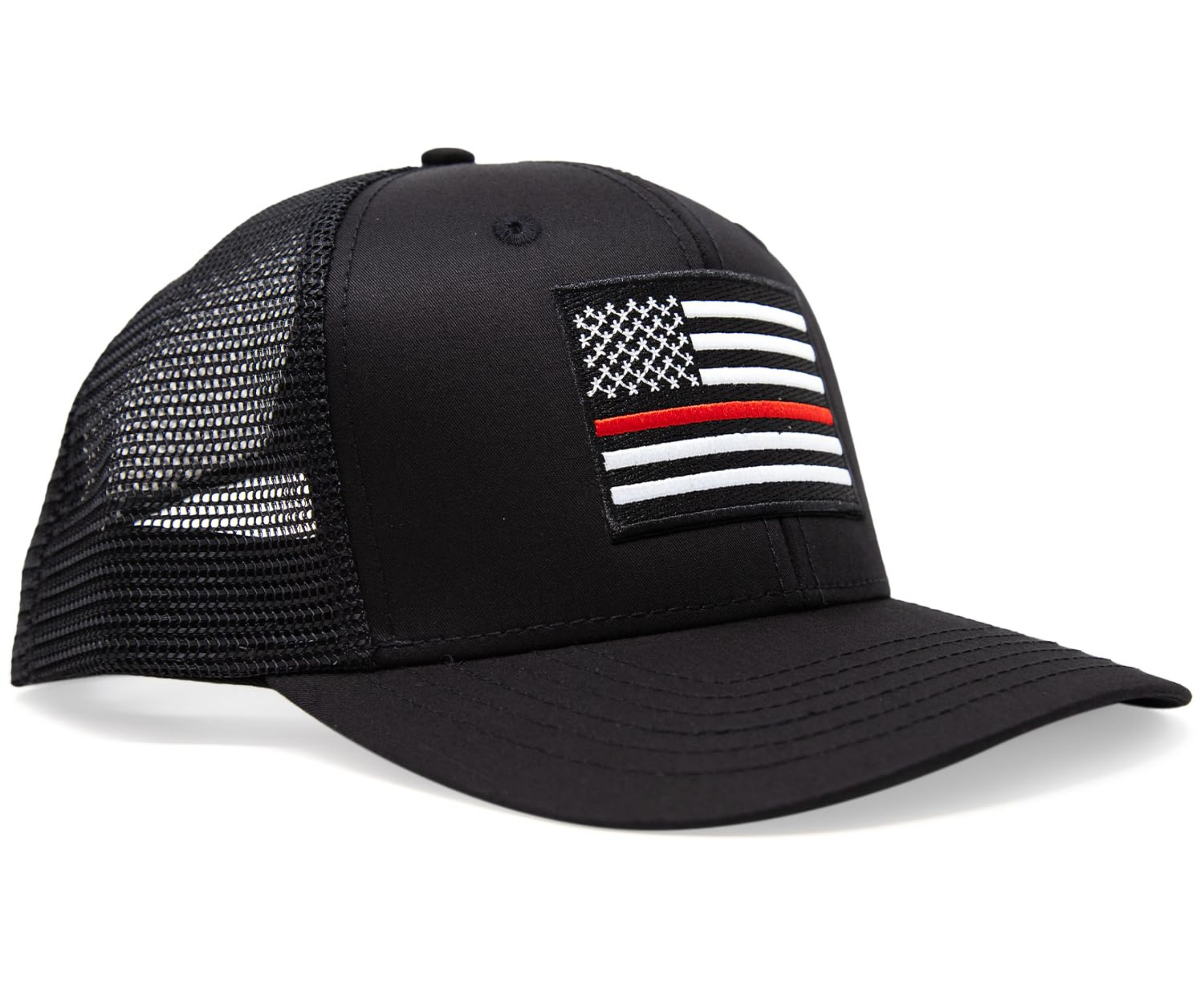 Thin Red Line American Flag Snapback Trucker | All Black