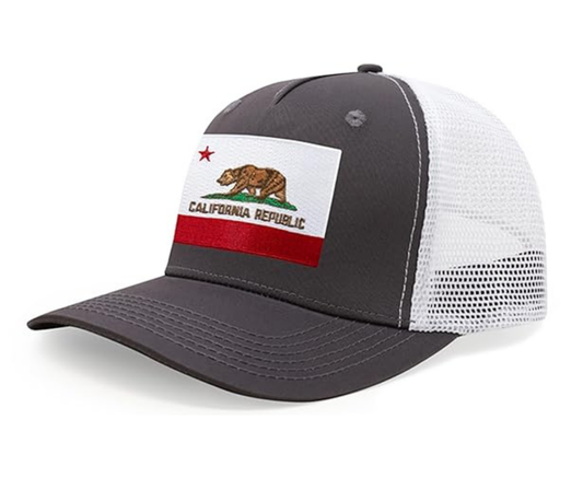 International Tie State Hat for Men and Women, Adjustable Snapback Trucker Baseball Cap with Embroidered Patch (California, Grey White)