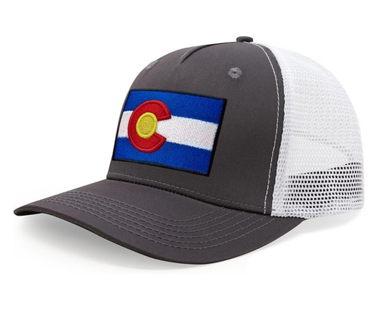 International Tie State Hat for Men and Women, Adjustable Snapback Trucker Baseball Cap with Embroidered Patch (Colorado, Grey White)